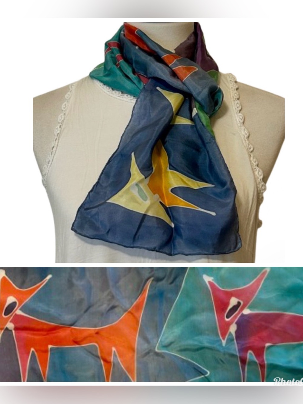 Vintage Silk Scarf with Abstract Fox Print Teal, Navy, Yellow
